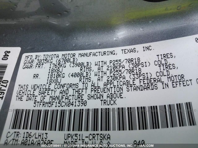 5TFRM5F15CX041390 - 2012 TOYOTA TUNDRA DOUBLE CAB SR5 GRAY photo 9