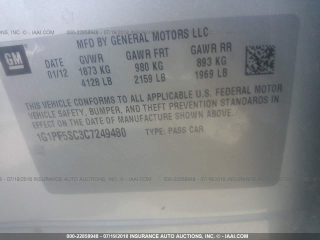 1G1PF5SC3C7249480 - 2012 CHEVROLET CRUZE LT SILVER photo 9