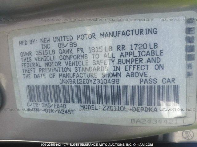 1NXBR12E0YZ310498 - 2000 TOYOTA COROLLA VE/CE/LE 棕色 照片 9