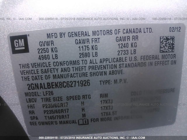 2GNALBEK8C6271926 - 2012 CHEVROLET EQUINOX LS SILVER photo 9