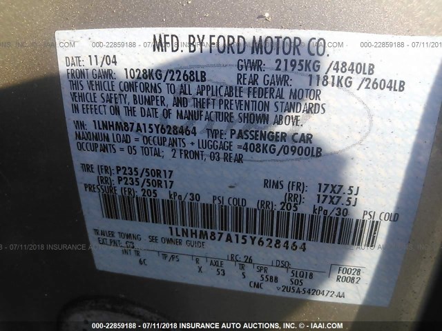 1LNHM87A15Y628464 - 2005 LINCOLN LS TAN photo 9