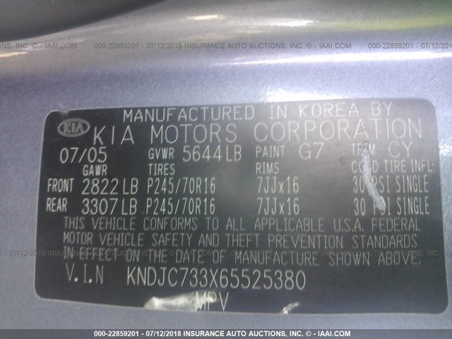 KNDJC733X65525380 - 2006 KIA SORENTO EX/LX GRAY photo 9