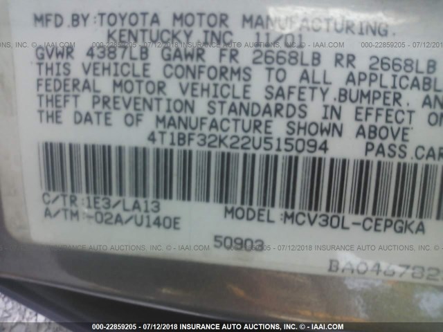 4T1BF32K22U515094 - 2002 TOYOTA CAMRY LE/XLE/SE ნაცრისფერი ფოტო 9