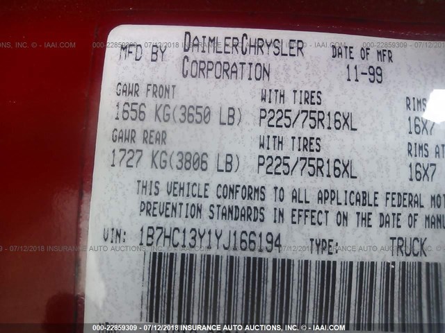 1B7HC13Y1YJ166194 - 2000 DODGE RAM 1500 RED photo 9