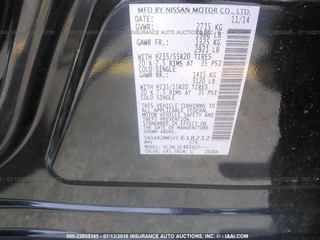 5N1AR2MM5FC618212 - 2015 NISSAN PATHFINDER S/SV/SL/PLATINUM BLACK photo 9