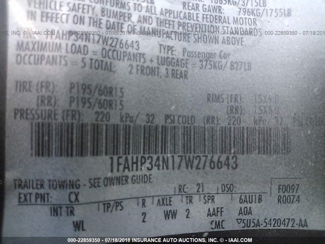 1FAHP34N17W276643 - 2007 FORD FOCUS ZX4/S/SE/SES 灰色 照片 9