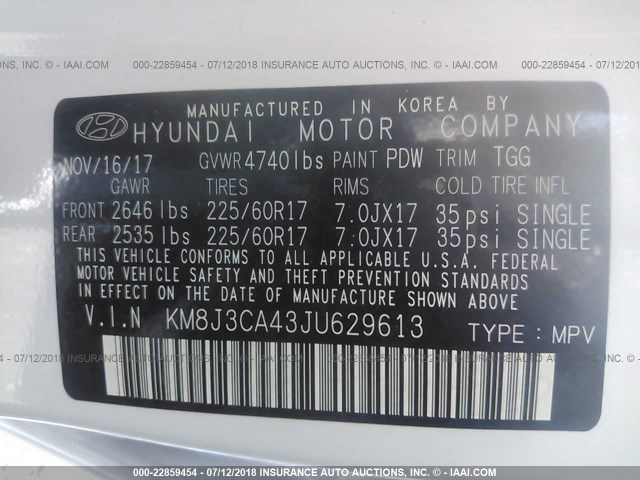 KM8J3CA43JU629613 - 2018 HYUNDAI TUCSON LIMITED/SPORT AND ECO/SE WHITE photo 9