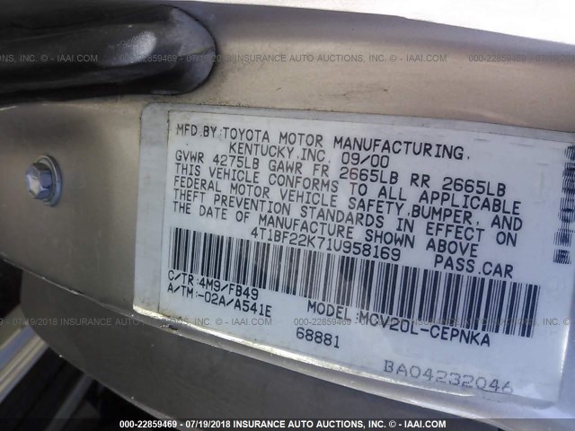 4T1BF22K71U958169 - 2001 TOYOTA CAMRY LE/XLE 米色 照片 9