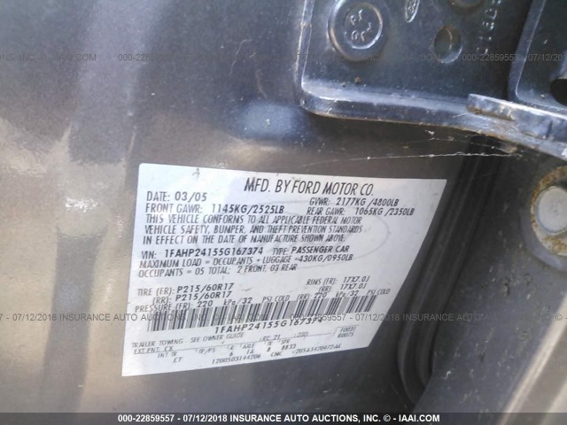 1FAHP24155G167374 - 2005 FORD FIVE HUNDRED SEL SILVER photo 9