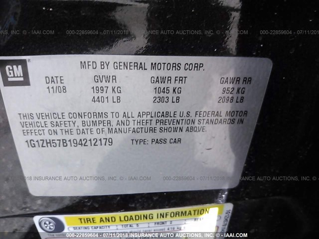 1G1ZH57B194212179 - 2009 CHEVROLET MALIBU 1LT 黑色 照片 9