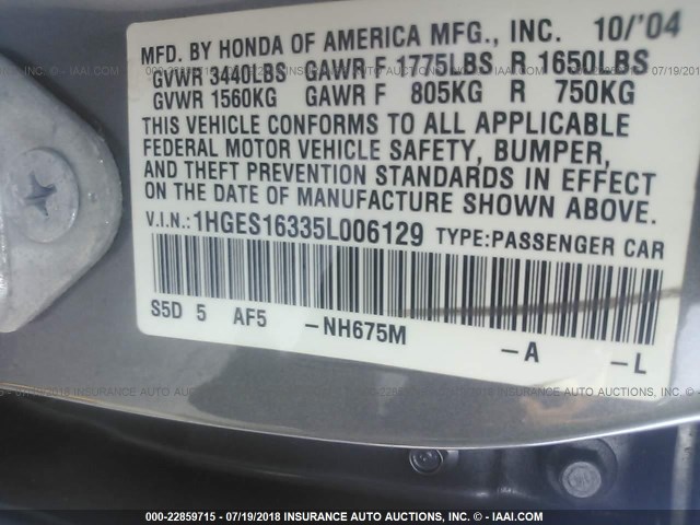 1HGES16335L006129 - 2005 HONDA CIVIC DX VP GRAY photo 9