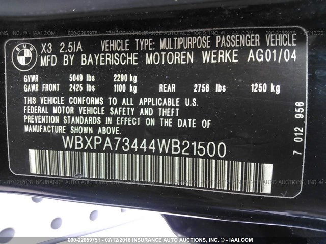 WBXPA73444WB21500 - 2004 BMW X3 2.5I BLACK photo 9