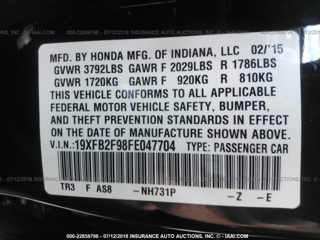 19XFB2F98FE047704 - 2015 HONDA CIVIC EXL BLACK photo 9