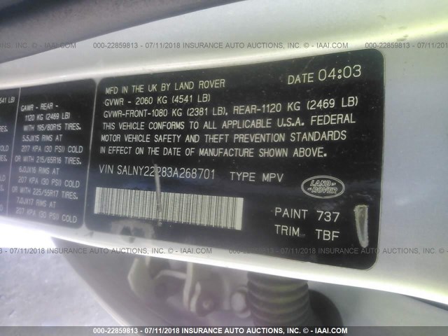 SALNY22283A268701 - 2003 LAND ROVER FREELANDER SE SILVER photo 9