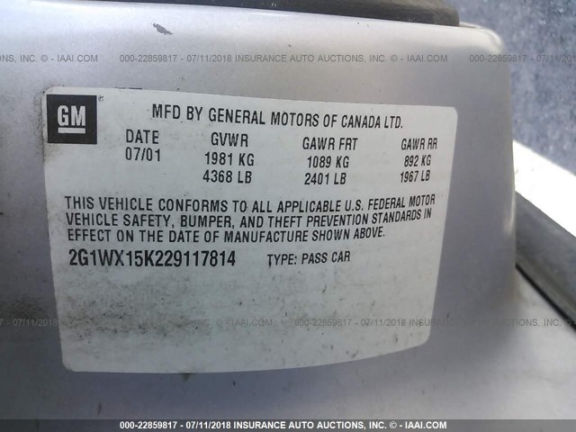 2G1WX15K229117814 - 2002 CHEVROLET MONTE CARLO SS 银色 照片 9