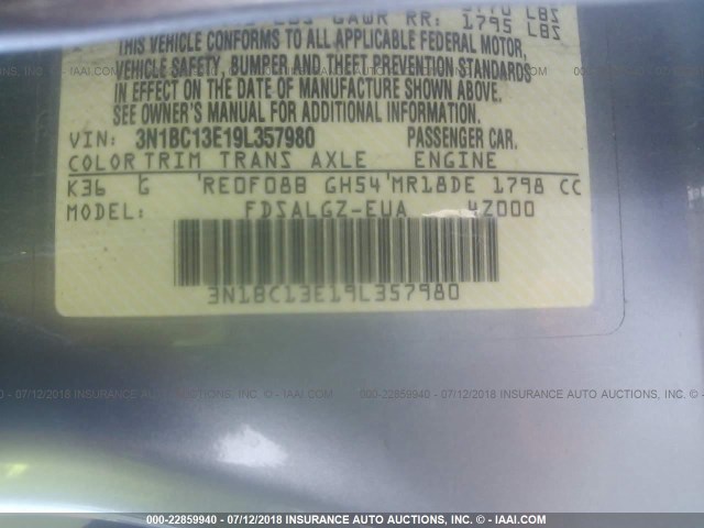 3N1BC13E19L357980 - 2009 NISSAN VERSA S/SL GRAY photo 9