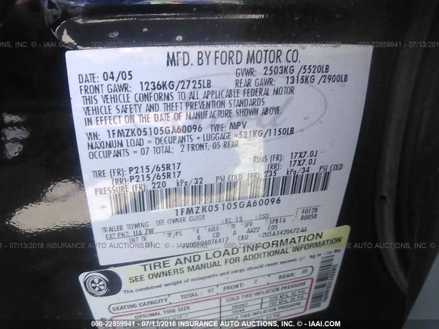 1FMZK05105GA60096 - 2005 FORD FREESTYLE SEL BLACK photo 9