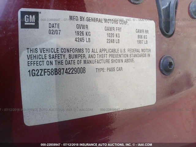 1G2ZF58B874229008 - 2007 PONTIAC G6 VALUE LEADER/BASE RED photo 9