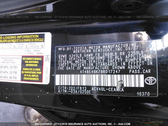 4T4BE46K78R017247 - 2008 TOYOTA CAMRY CE/LE/XLE/SE BLACK photo 9