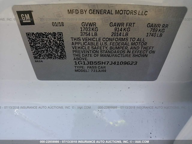 1G1JB5SH7J4109623 - 2018 CHEVROLET SONIC LS 白色 照片 9