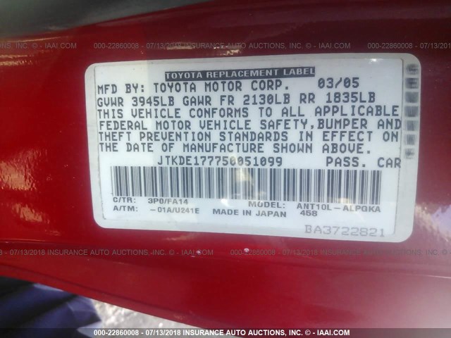 JTKDE177750051099 - 2005 TOYOTA SCION TC RED photo 9