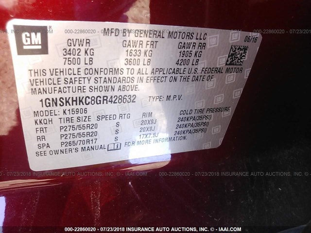 1GNSKHKC8GR428632 - 2016 CHEVROLET SUBURBAN K1500 LT RED photo 9