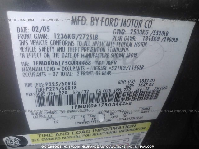 1FMDK06175GA44468 - 2005 FORD FREESTYLE LIMITED GRAY photo 9