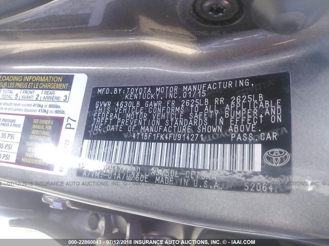 4T1BF1FK4FU914271 - 2015 TOYOTA CAMRY LE/XLE/SE/XSE GRAY photo 9