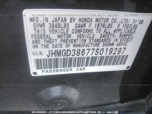 JHMGD38677S019297 - 2007 HONDA FIT S BLACK photo 9