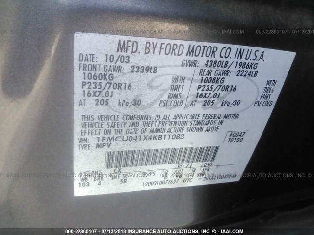 1FMCU041X4KB11083 - 2004 FORD ESCAPE LIMITED GRAY photo 9