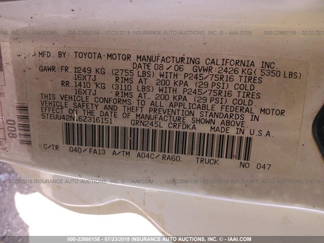 5TEUU42N16Z316151 - 2006 TOYOTA TACOMA ACCESS CAB Ақ фото 9