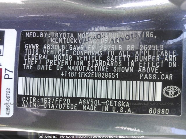 4T1BF1FK2EU828651 - 2014 TOYOTA CAMRY L/SE/LE/XLE ნაცრისფერი ფოტო 9