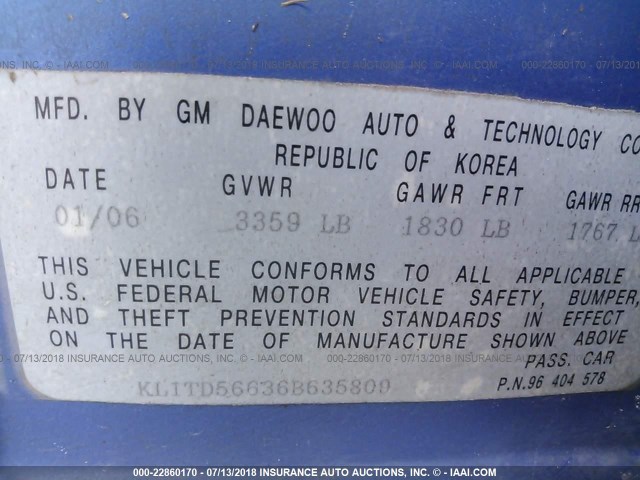 KL1TD56636B635809 - 2006 CHEVROLET AVEO LS BLUE photo 9