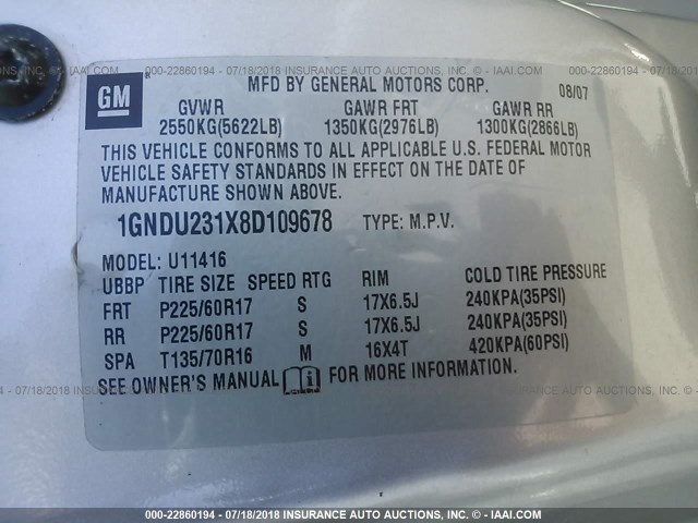 1GNDU231X8D109678 - 2008 CHEVROLET UPLANDER LS SILVER photo 9