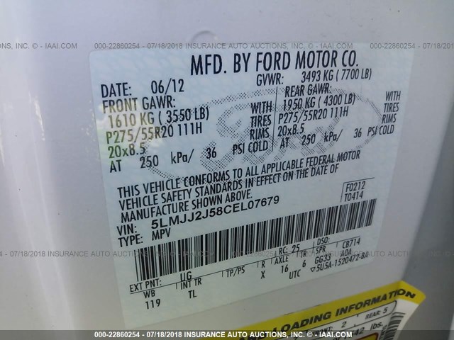 5LMJJ2J58CEL07679 - 2012 LINCOLN NAVIGATOR 白色 照片 9