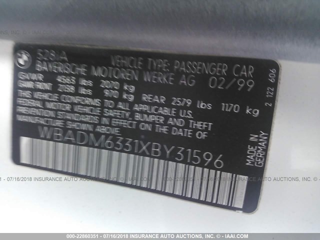 WBADM6331XBY31596 - 1999 BMW 528 I AUTOMATIC Ağ foto 9