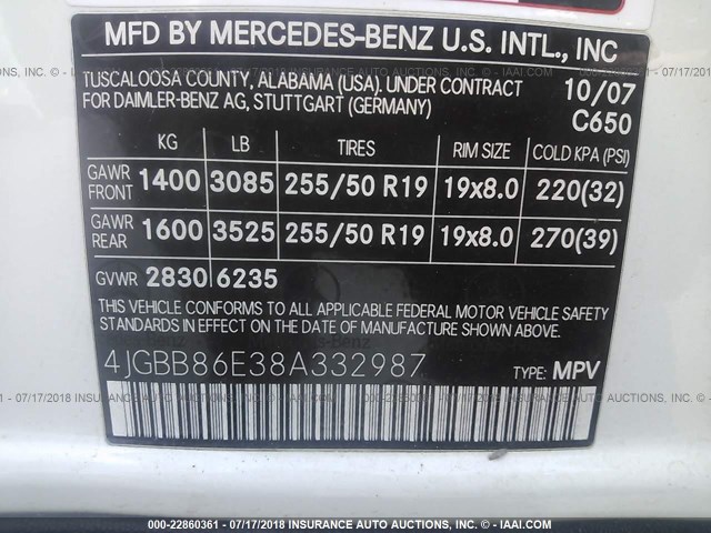 4JGBB86E38A332987 - 2008 MERCEDES-BENZ ML 350 WHITE photo 9