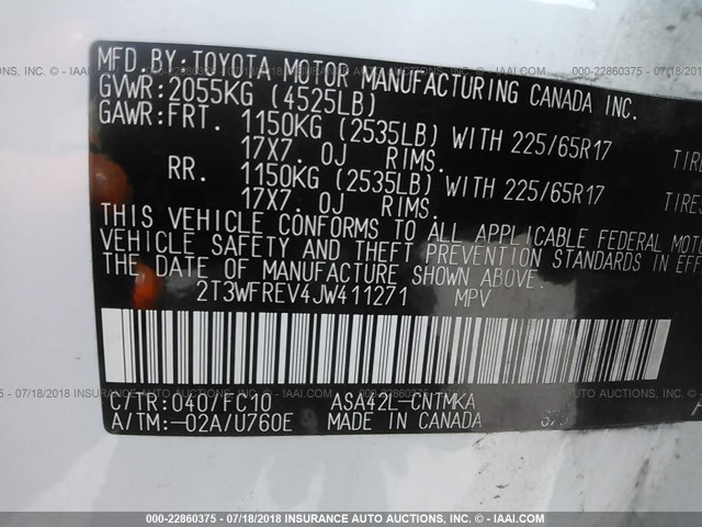 2T3WFREV4JW411271 - 2018 TOYOTA RAV4 ADVENTURE/XLE 白色 照片 9