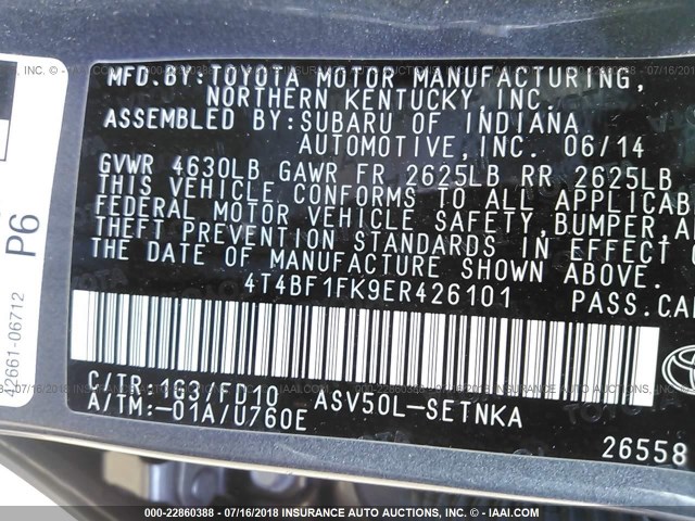 4T4BF1FK9ER426101 - 2014 TOYOTA CAMRY L/SE/LE/XLE 灰色 照片 9