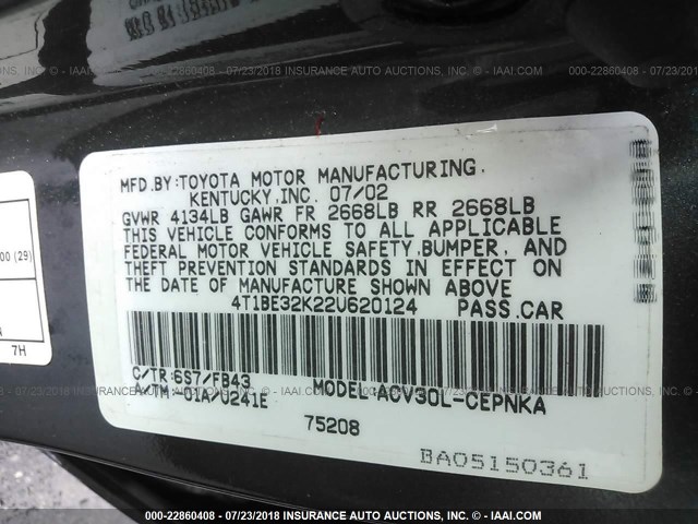 4T1BE32K22U620124 - 2002 TOYOTA CAMRY LE/XLE/SE Yaşıl foto 9