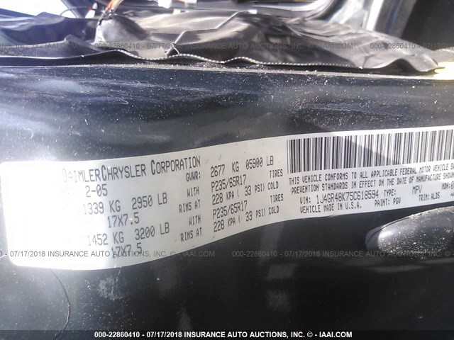 1J4GR48K75C618594 - 2005 JEEP GRAND CHEROKEE LAREDO/COLUMBIA/FREEDOM 灰色 照片 9