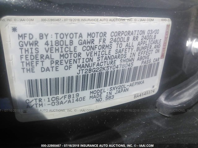 JT2BG22K5Y0478045 - 2000 TOYOTA CAMRY CE/LE/XLE GRAY photo 9