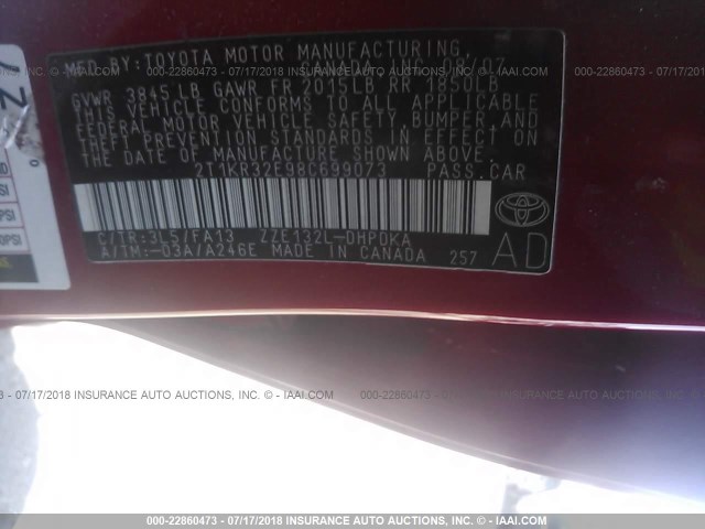 2T1KR32E98C699073 - 2008 TOYOTA COROLLA MATRIX XR RED photo 9