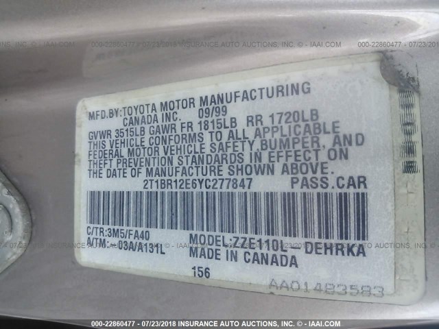 2T1BR12E6YC277847 - 2000 TOYOTA COROLLA VE/CE/LE 棕色 照片 9