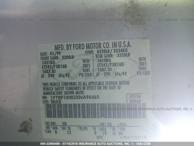 1FTRF18W3XNA96465 - 1999 FORD F150 SILVER photo 9
