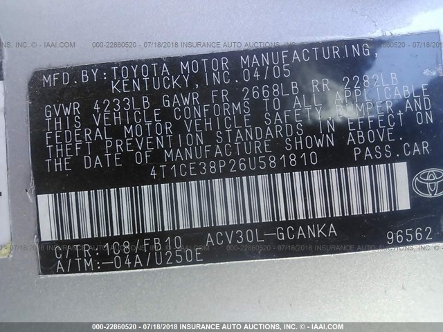 4T1CE38P26U581810 - 2006 TOYOTA CAMRY SOLARA SE/SLE ვერცხლისფერი ფოტო 9