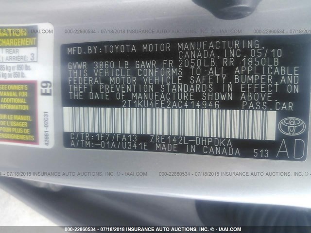 2T1KU4EE2AC414946 - 2010 TOYOTA COROLLA MATRIX  SILVER photo 9