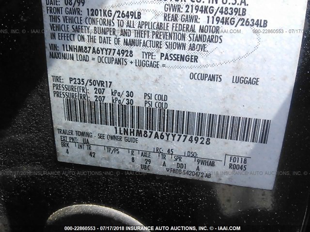 1LNHM87A6YY774928 - 2000 LINCOLN LS შავი ფოტო 9