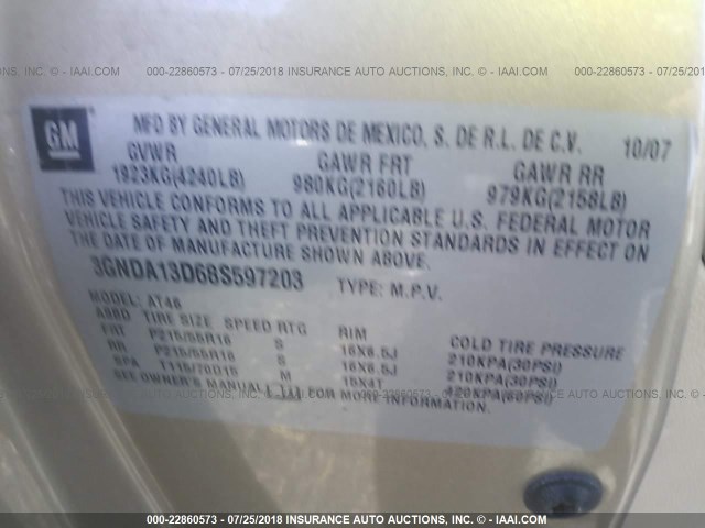 3GNDA13D68S597203 - 2008 CHEVROLET HHR LS GOLD photo 9