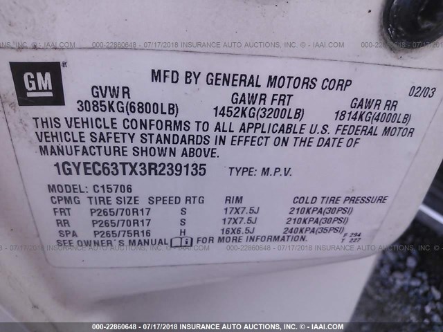 1GYEC63TX3R239135 - 2003 CADILLAC ESCALADE LUXURY CREAM photo 9